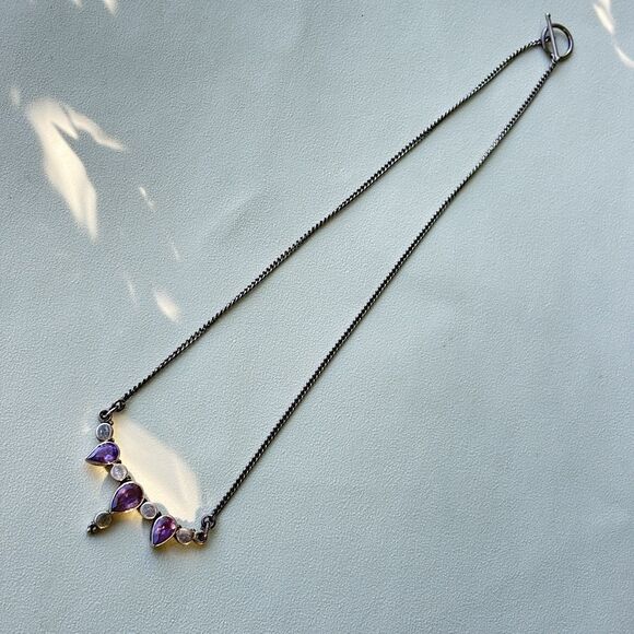 925 Sterling Silver Amethyst Necklace Artisan Design Pear Drop Stones 16” Toggle - Picture 5 of 7